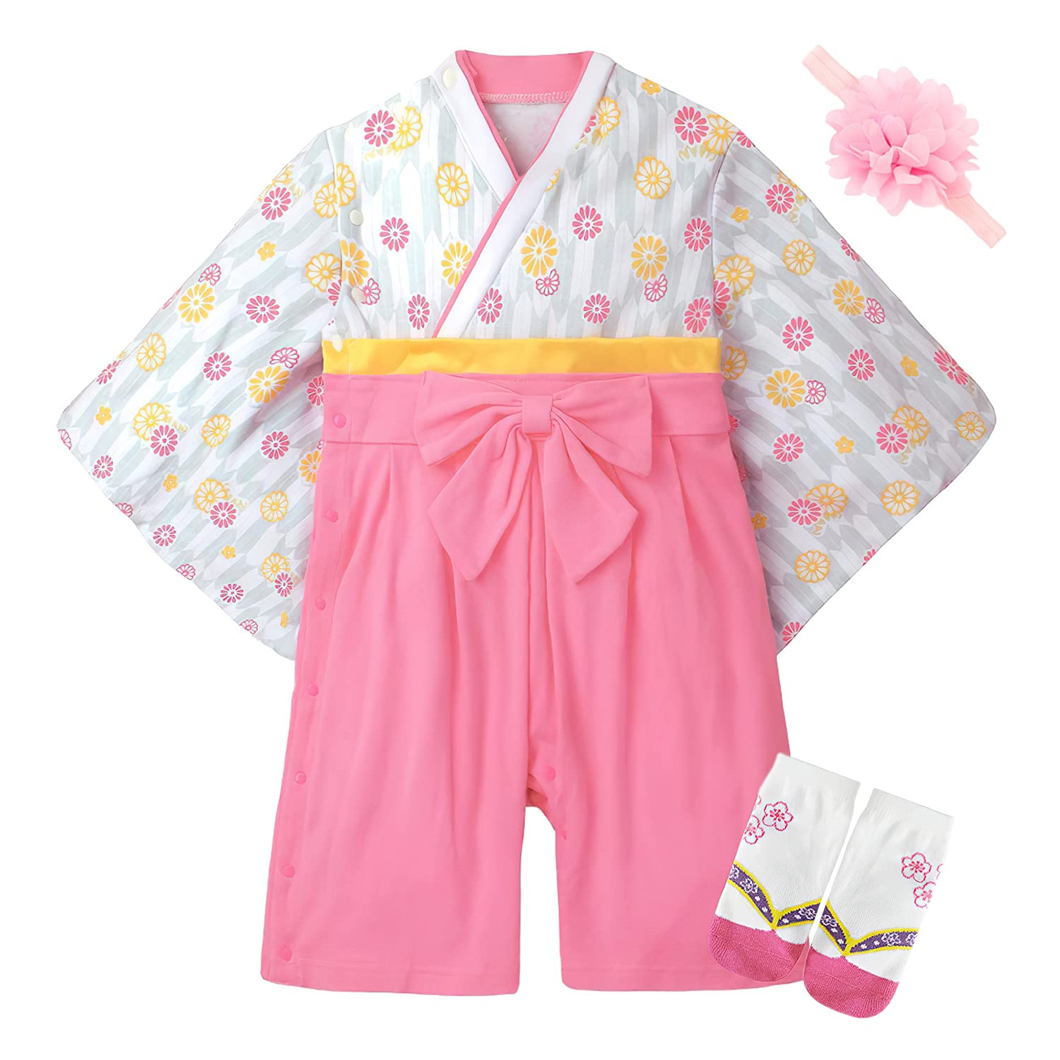 

Baby Hakama Romper Hair Accessory Socks Coverall for Shrine First Meal and [Yilaku] Girl s + + - Hakama-style Visit, Ceremony, Shichi-Go-San