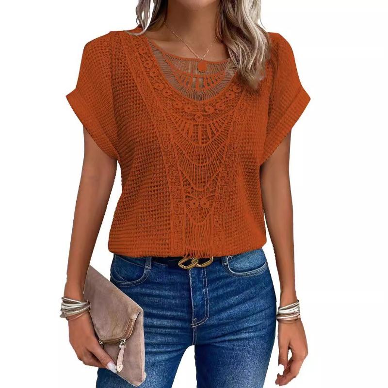 Lace Splicing Crew Neck T-shirt, Casual Short Sleeve Top For Spring & Summer, Women's Clothing