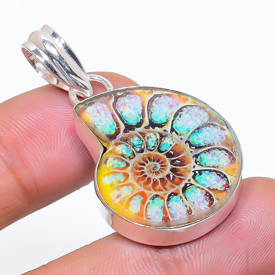 Natural Titanium Ammonite Gemstone 925 Sterling Silver Pendant 1.77  AP-14194