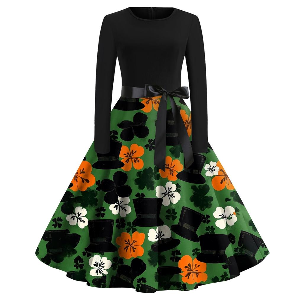 Women's Printed Round Neck Big Hem  Skirt Pleated Skirt Long Sleeved Dress Dress