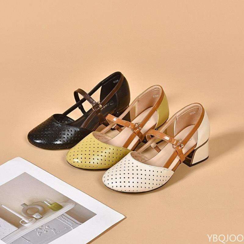 2026 Genuine leather sandals Summer women's high heels Top layer cowhide Trend shoes Fashion ladies hollow Buckle sandals Mujer