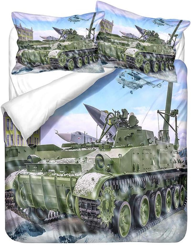 3D Cartoon Panzer Armee Muster Junge Mann Wohnheim Bettbezug mit Reißverschluss, Polyester Mikrofaser Bettwäsche Set Bettbezug und Kissenbezüge 75*50