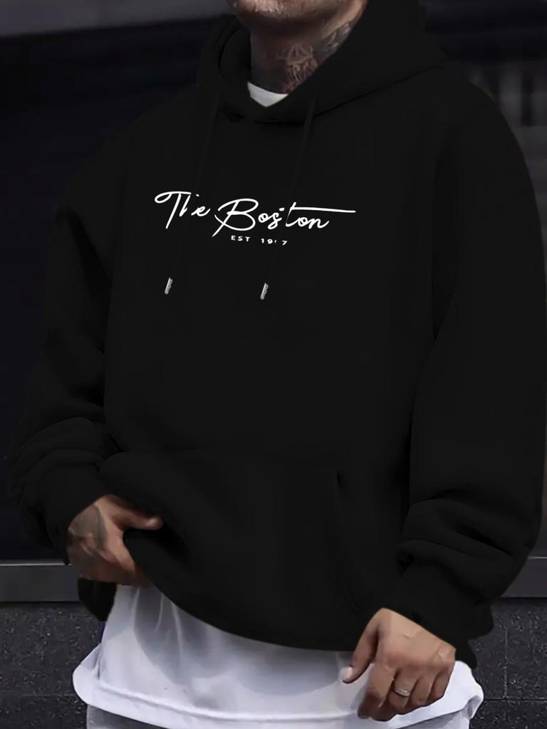 Unisex Boston Iconic Print Hooded - Stretch Fabric Hoodie with Kangaroo Pocket, Urban Boston-Themed Lettering Pullover Suitable for Spring/Autumn Casu