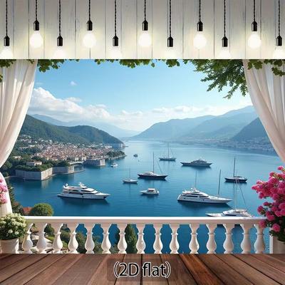 2D Luxury Sea View Backdrop, Balcony with Curtains and Boats Photo Booth Background