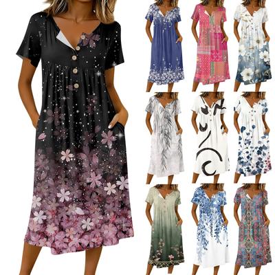 Women's Fashionable Retro Printed Round Neck Short Sleeved Button Neck Mid Length Casual Dress
