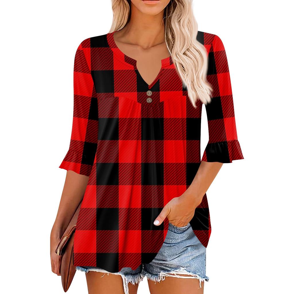 3/4-Ärmel Oberteile für Damen Lässige Rüschen V-Ausschnitt T-Shirts Arbeitsblusen Elegante Tunika-Oberteile