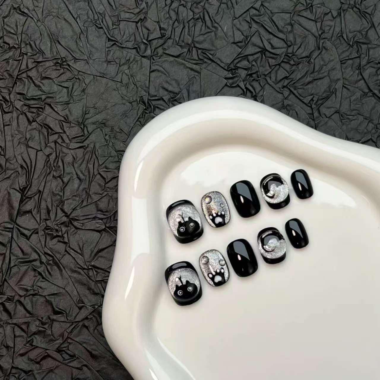 

Hand-Painted Black Cat Spicy Eerie Style Wearable Nail Art Small S