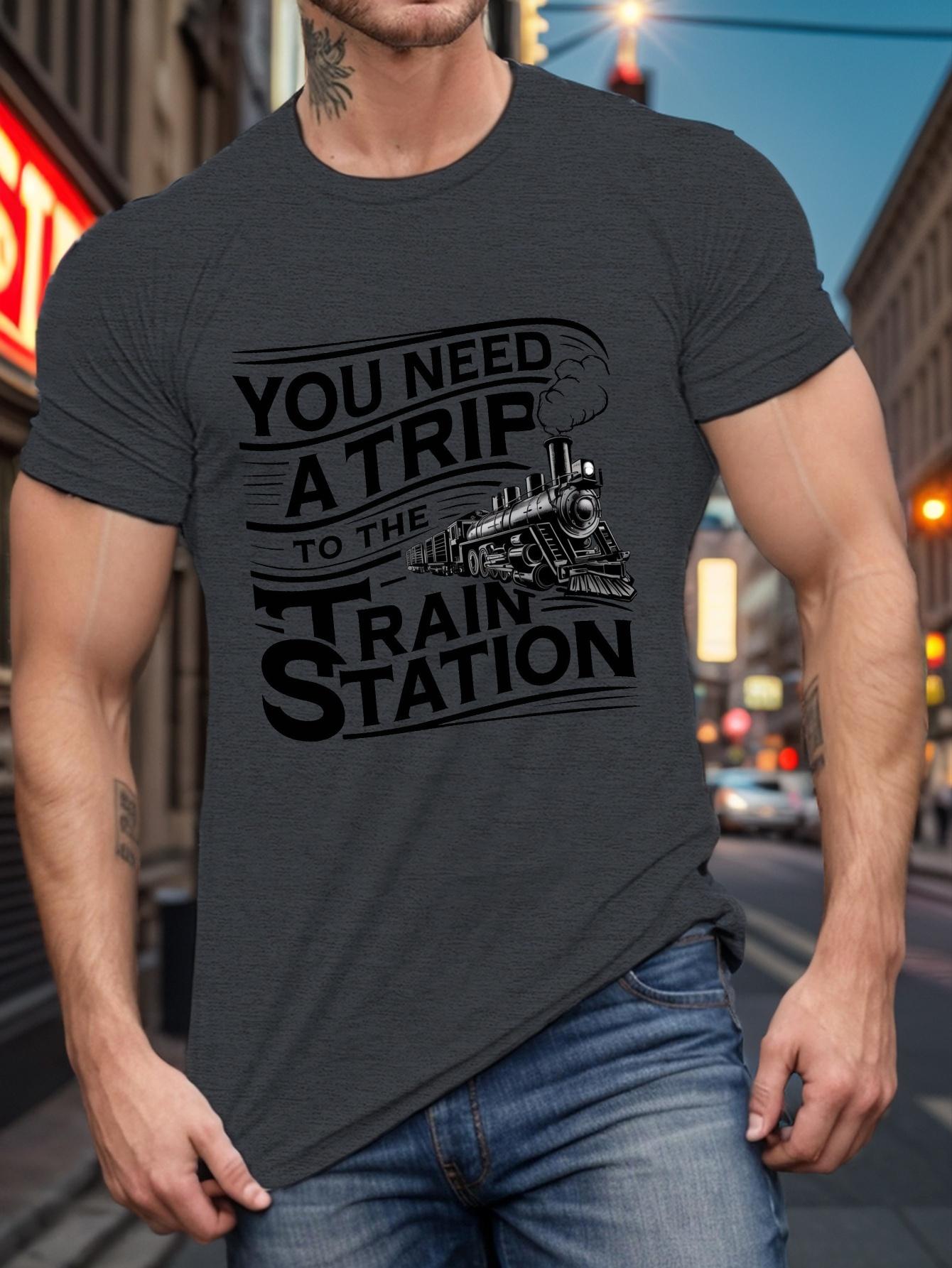 

European Size Men s Plus Size Casual Summer T-Shirt with Train Station Graphic Print, Short Sleeve, Knit Fabric, , Geometric Pattern, Round Neck XL чорний