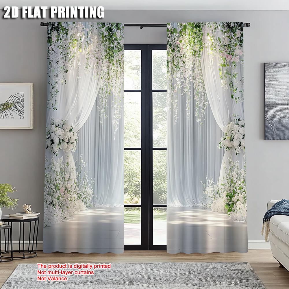 2pcs, Light Filtering Curtains 2D Print Floral Rose Retro White Versatile Durable Polyester (without Rod) All Seasons Perfect