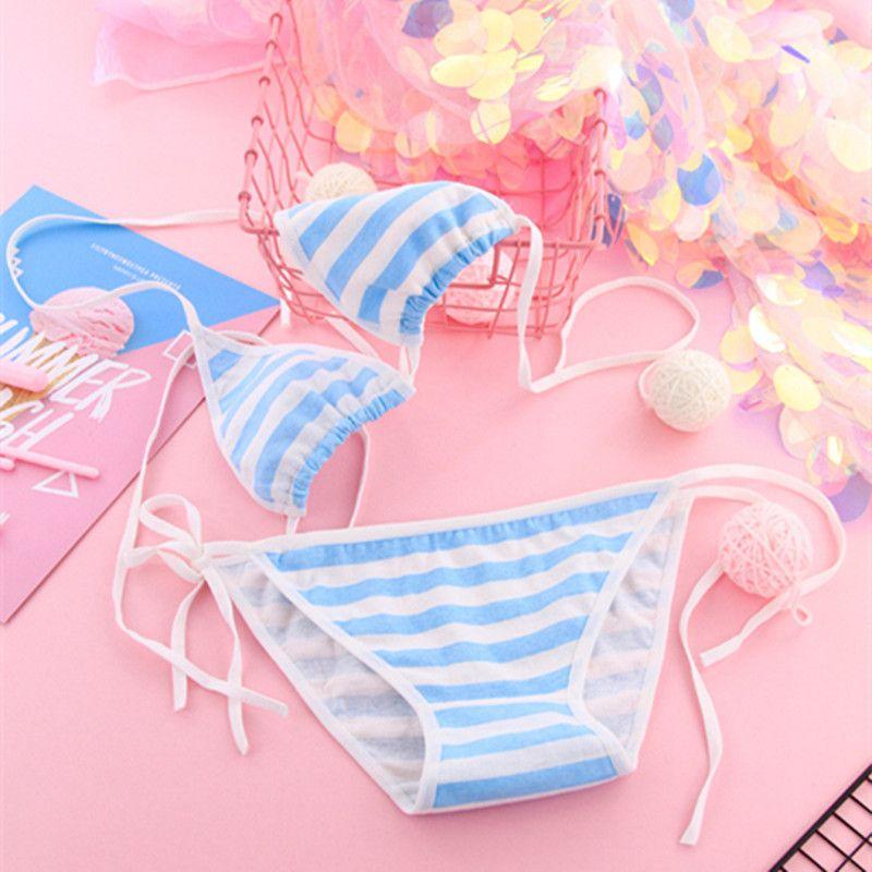 

Lace-up Striped Bikini Set Strappy Stripes Bikini Swimsuit Suit Pink one size