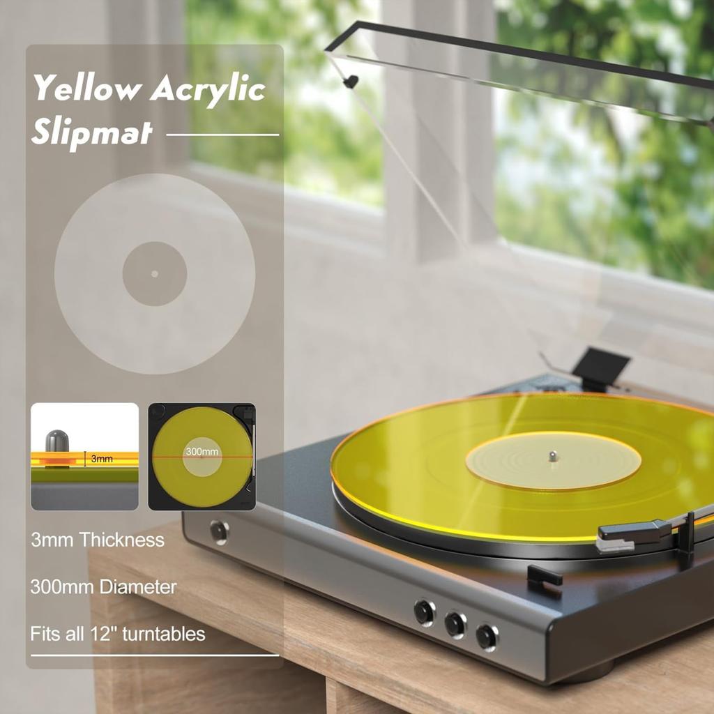 Acrylic Turntable Record Player Slipmat for LP Record Low Noise Platter with Glossy for Record Players Mat, Players, Mat, Effect, 12-inch (Yellow)