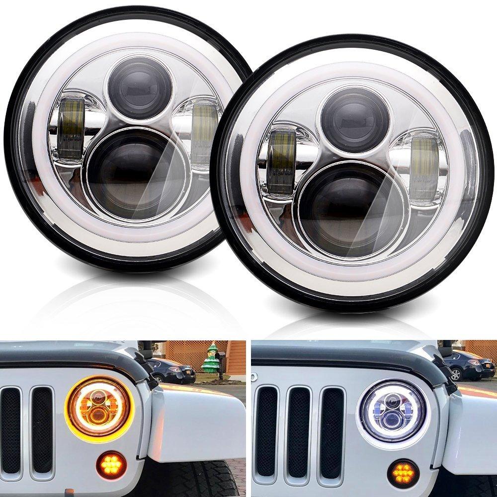 2pc Car 7  Led Headlight For Land Rover Defender 90 110 Round Halo Angel Eyes Headlights Fit Lada Niva 4X4 Uaz Hunter Accessory