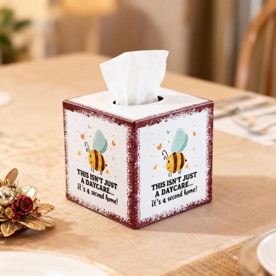 Cute Watercolor Animal Art Organizer Iron Square Tissue Box, Bee And Bird Print Decorative Storage for Cafe Breakfast Holder, Pastoral