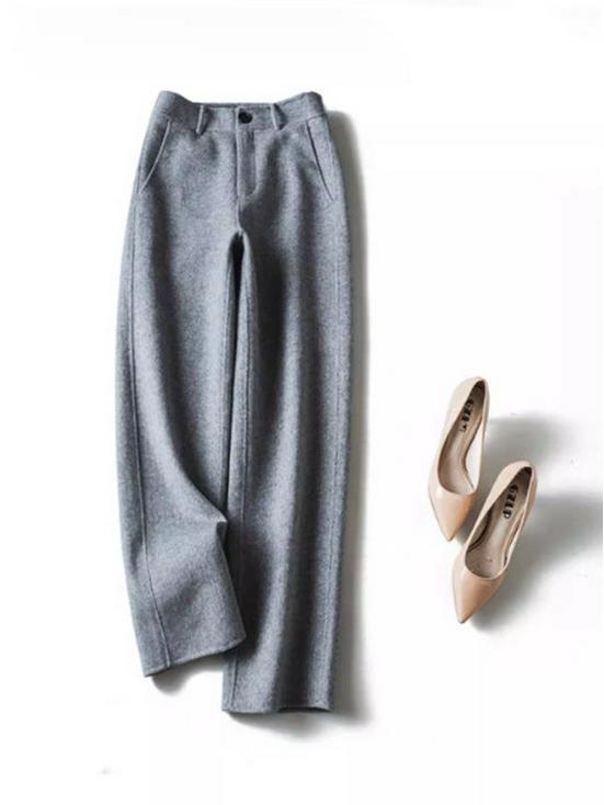 

Elegant Herringbone Wool High-Waist Straight-Leg Pants for Women - Autumn/Winter Collection M
