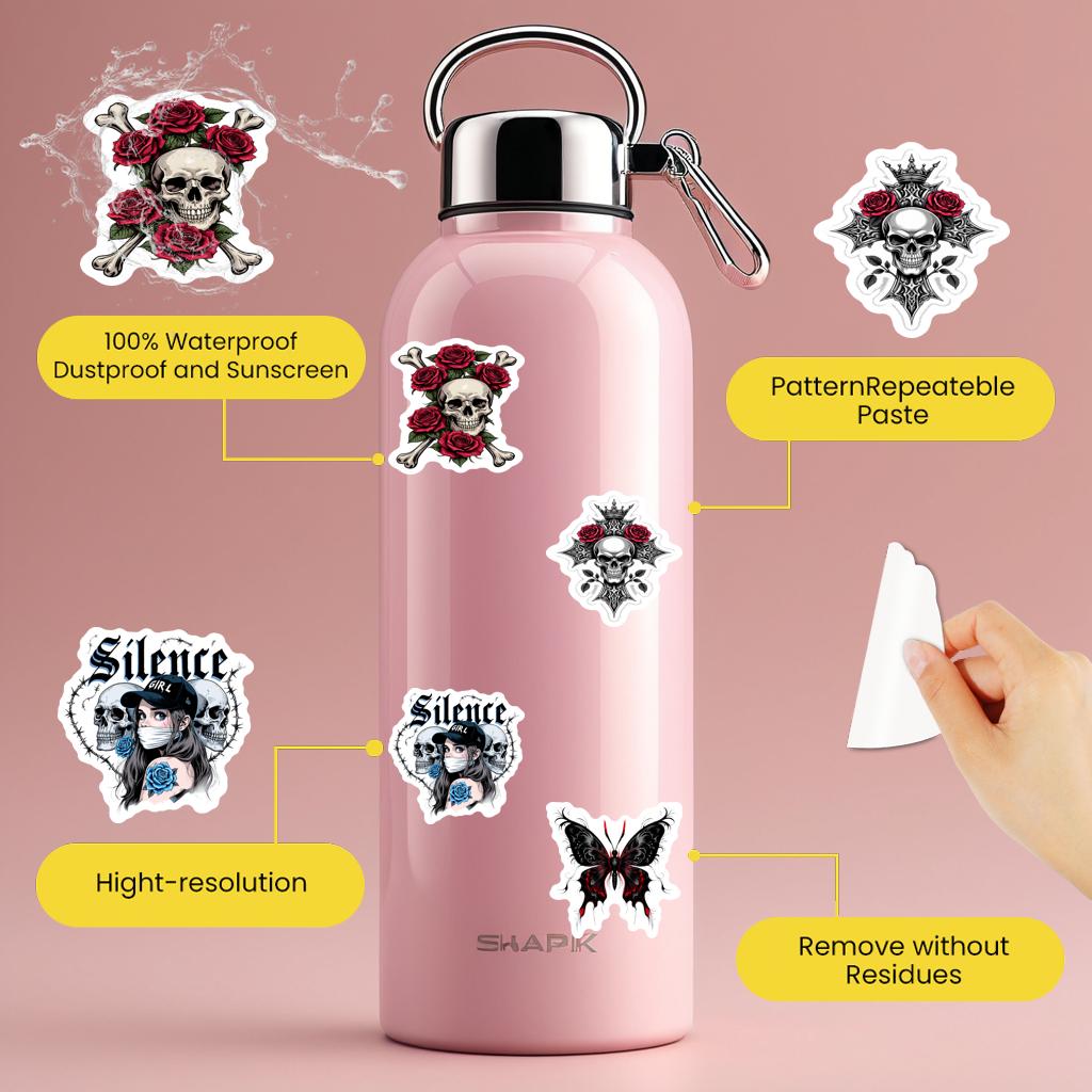 35pcs Edgy Roses Stickers Dark Gothic Stickers Skull Stickers For Notebook Luggage Mobile Phone Cup Guitar DIY