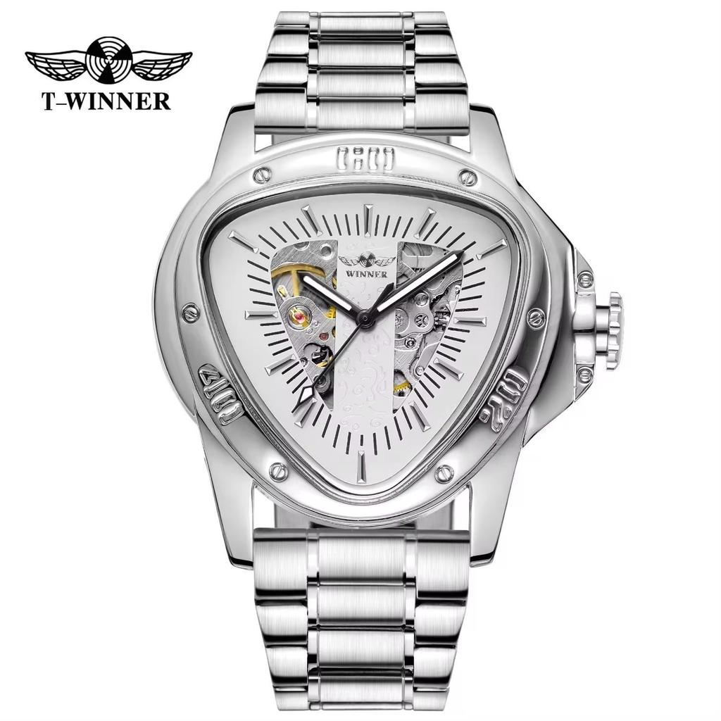 WINNER Herren Automatikuhren für Herren Luxus Hohl Dreieck Herren Mechanische Armbanduhren Skelett Wasserdicht Reloj Hombre