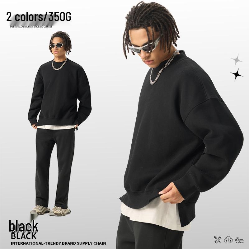 

2025 Autumn/Winter Men s Solid Color Crewneck Sweatshirt with 350g Fleece and Plus Velvet Large чорний