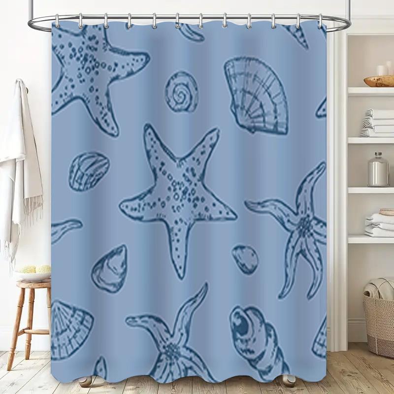 Seashell Bath Curtain Blue Printed Shower Curtain For Home Decor Waterproof Fabric Bathroom Window Decorations
