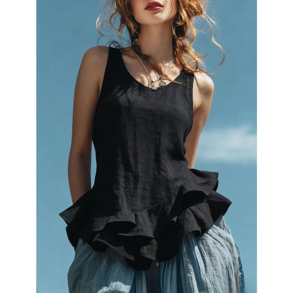 Spring and Summer New Style Casual Fashion Sleeveless Bottom Hem Lotus-Edged Top
