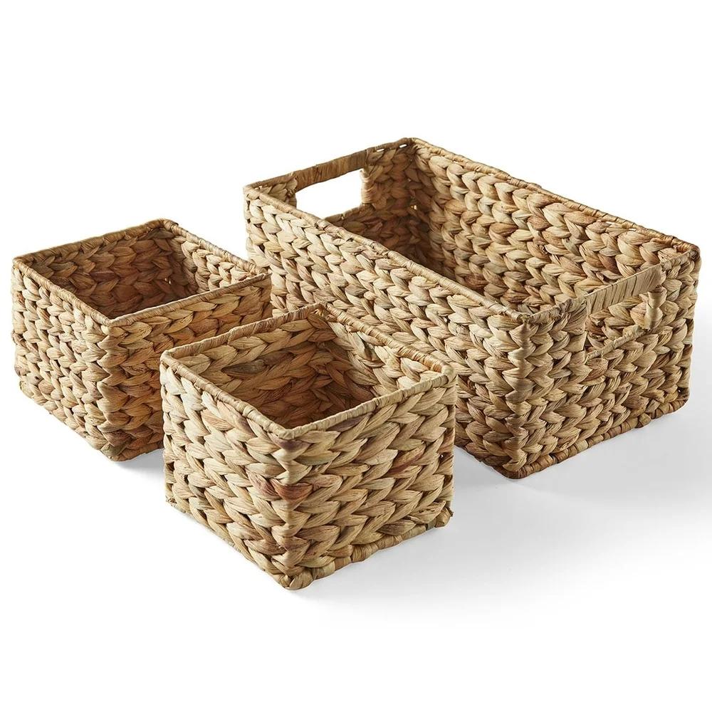 Natural Woven Water Hyacinth Storage Baskets Set of 3 Versatile Organizers Home Office Pantry Closet Bathroom Decor