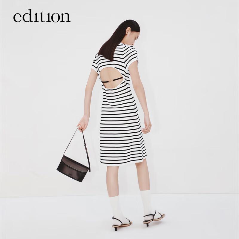 EditionE+ Striped Knit U-Neck Backless Short Sleeve Dress