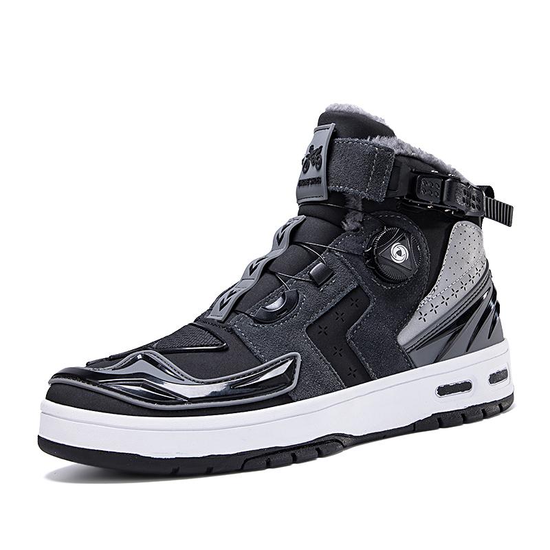 Autumn/Winter UNISEX Plus Velvet Motorcycle Boots Large Size Rotating Buttons Deoxy Leather Anti -sliding Collision Ride Boots Sneaker for Men