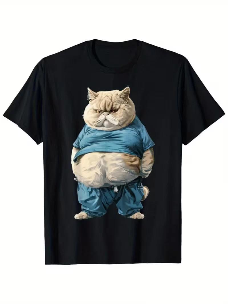 [Funny Fat Cat T-Shirt] Funny Fat Cat Art Design T-Shirt - 180g Fat Kitten Cat L XL