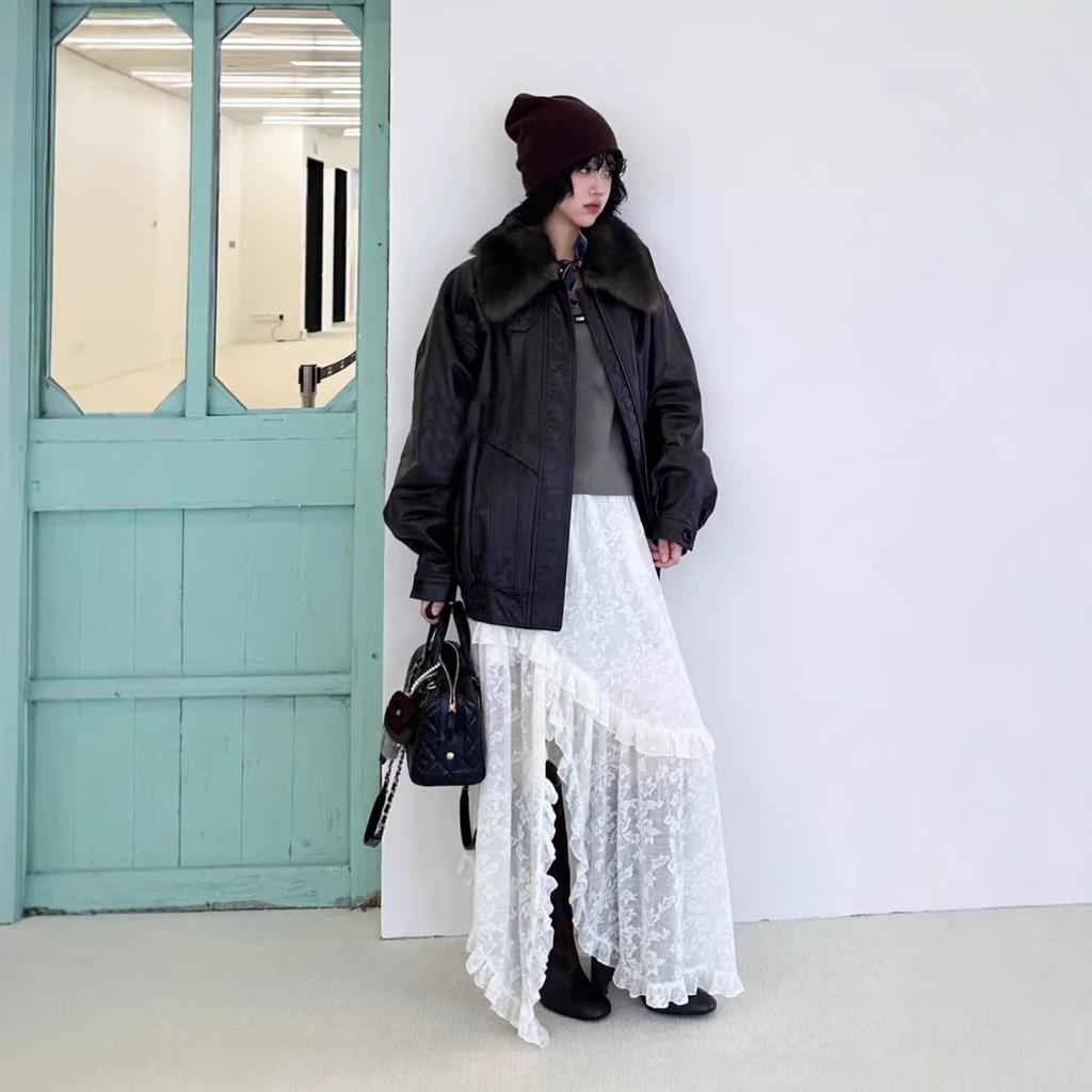 AS Designer 2026 Spring Irregular Dark Jacquard Ruffle Lace Skirt