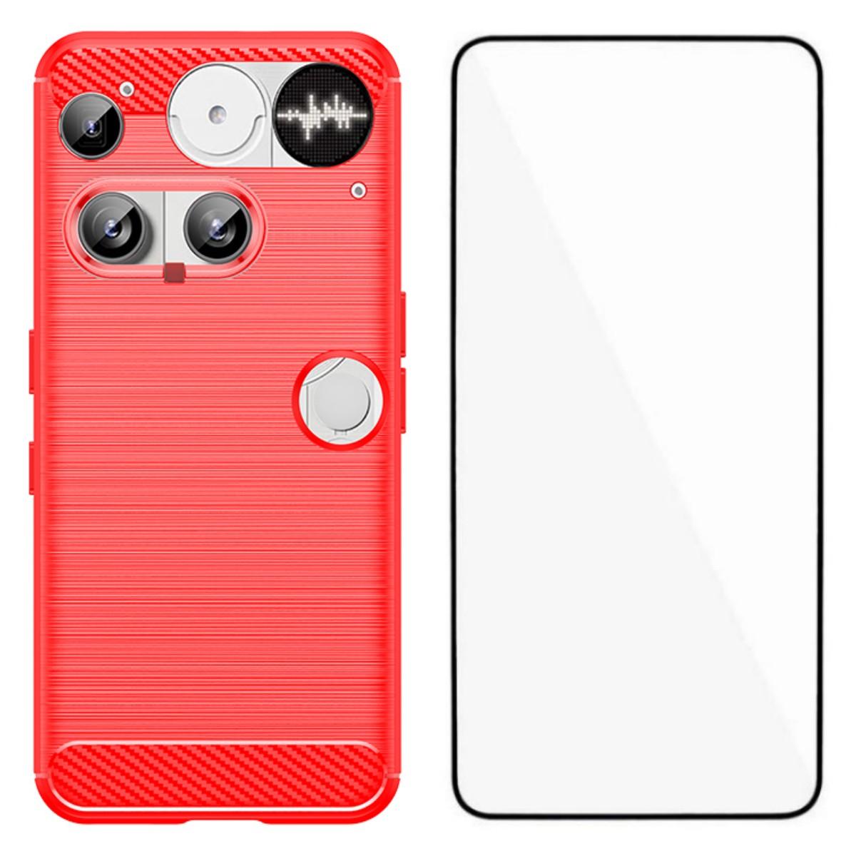 

For Nothing Phone (3) 5G Case with Tempered Glass WANLONFENG LS Series Brushed Texture TPU Phone Cover Red