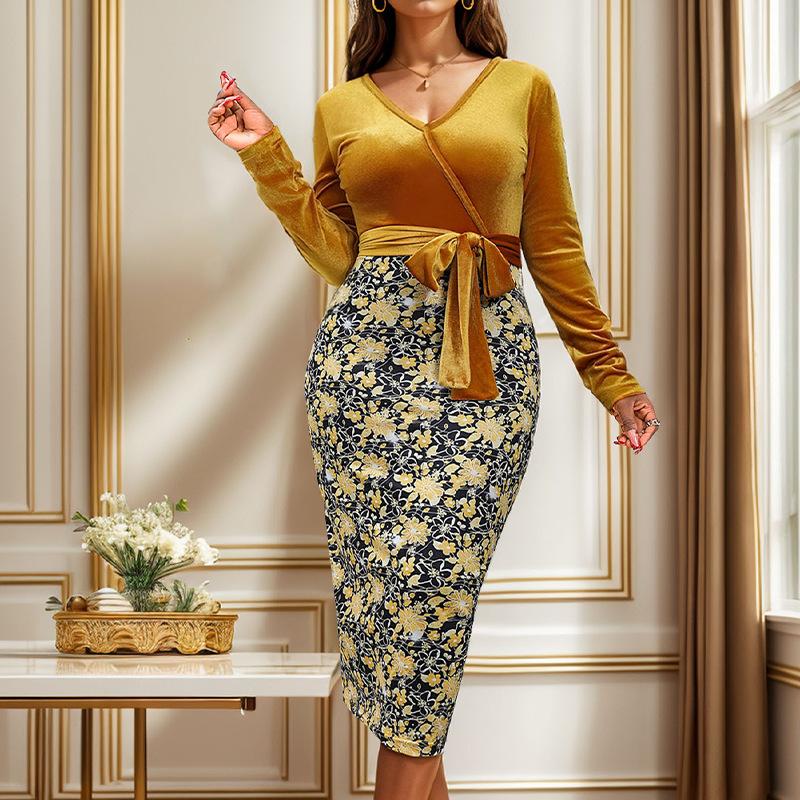 YYFS Moda damska Wiosna Jesień Kwiatowy wzór Drukuj Długi rękaw, Dekolt w kształcie litery V, Wysoka talia, Casual Sukienki