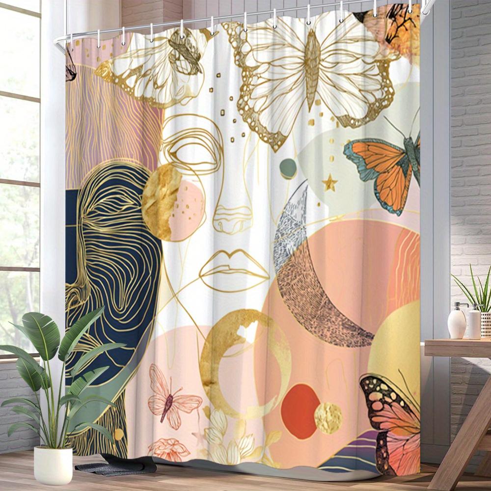 Eleganter Abstraktes Gesicht & Schmetterling Druck Wasserdichter Duschvorhang, Gold & Pastell Design High-End Toilettenabtrennungsvorhang