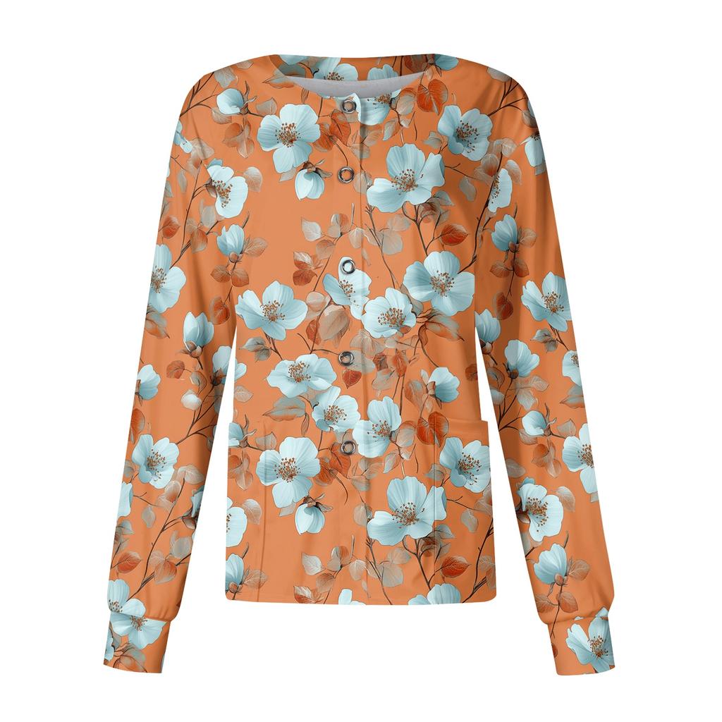 Women's Casual Long Sleeve Single Breasted Floral Print Medical Scrub Cardigan Top Comfortable Fit Lightweight Fabric Suitable for Work