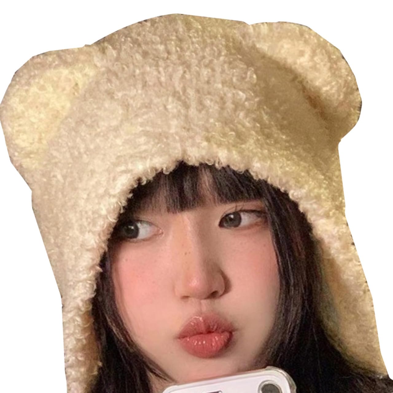 Одна Ограниченная Пушистая Вязаная Шапка с Медведем Повседневная Животное CP971 Женские Уши, Костюм, Принт, (бежевый) бежевый