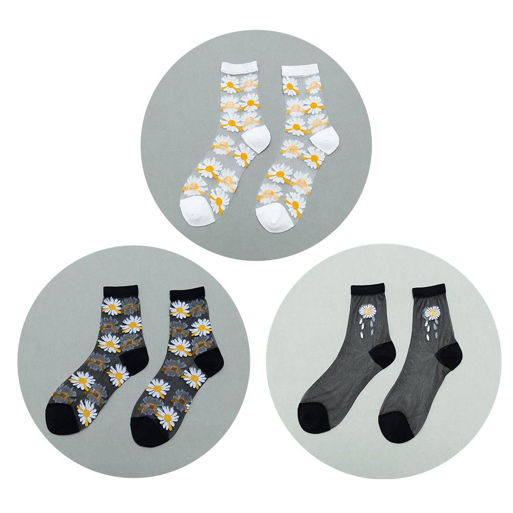 

3 пары женских носков с цветами, летние чулки из хрустального стекла, средней длины, тонкие прозрачные жаккардовые эластичные носки с ромашками EUR(36-43)