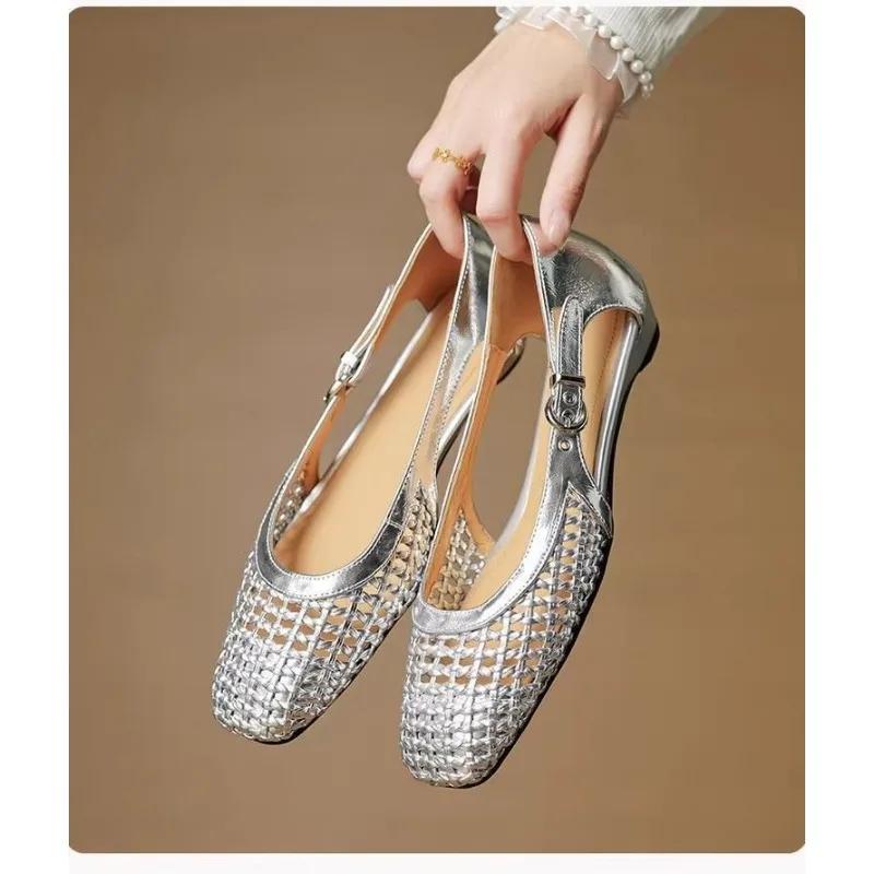 Fashion 2025 New French Single Shoes Women Spring Summer Woven Cutout Square Toe Low Heel Block Heel Silver Simple Sandals