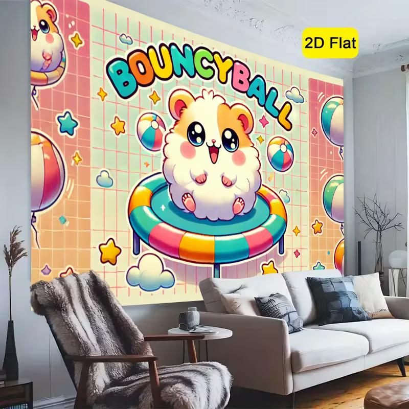 2D Kawaii Hamster Hintergrundtuch, Pastell-Gitter-Stil mit Sternen und Wolken Wanddekoration