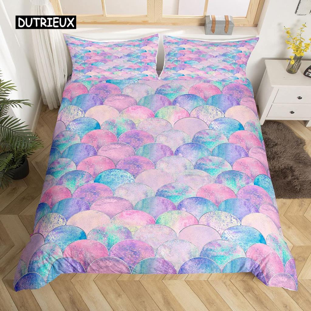 Fish Scales Duvet Cover Set Pink Fish Scales Pattern Colorful Twin Bedding Sets for Girls Women Microfiber 2/3Pieces Quilt Cover