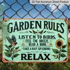 2D Flat - Aluminum Sign Featuring Vintage Garden Rules, Measuring 8.0X12.0 Inch. Made of Aluminum, It Serves As An Inspirational Piece for Outdoor
