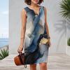 Women Plus Size Sleeveless V Neck Tank Dress Teal Blue Gold Marble Print