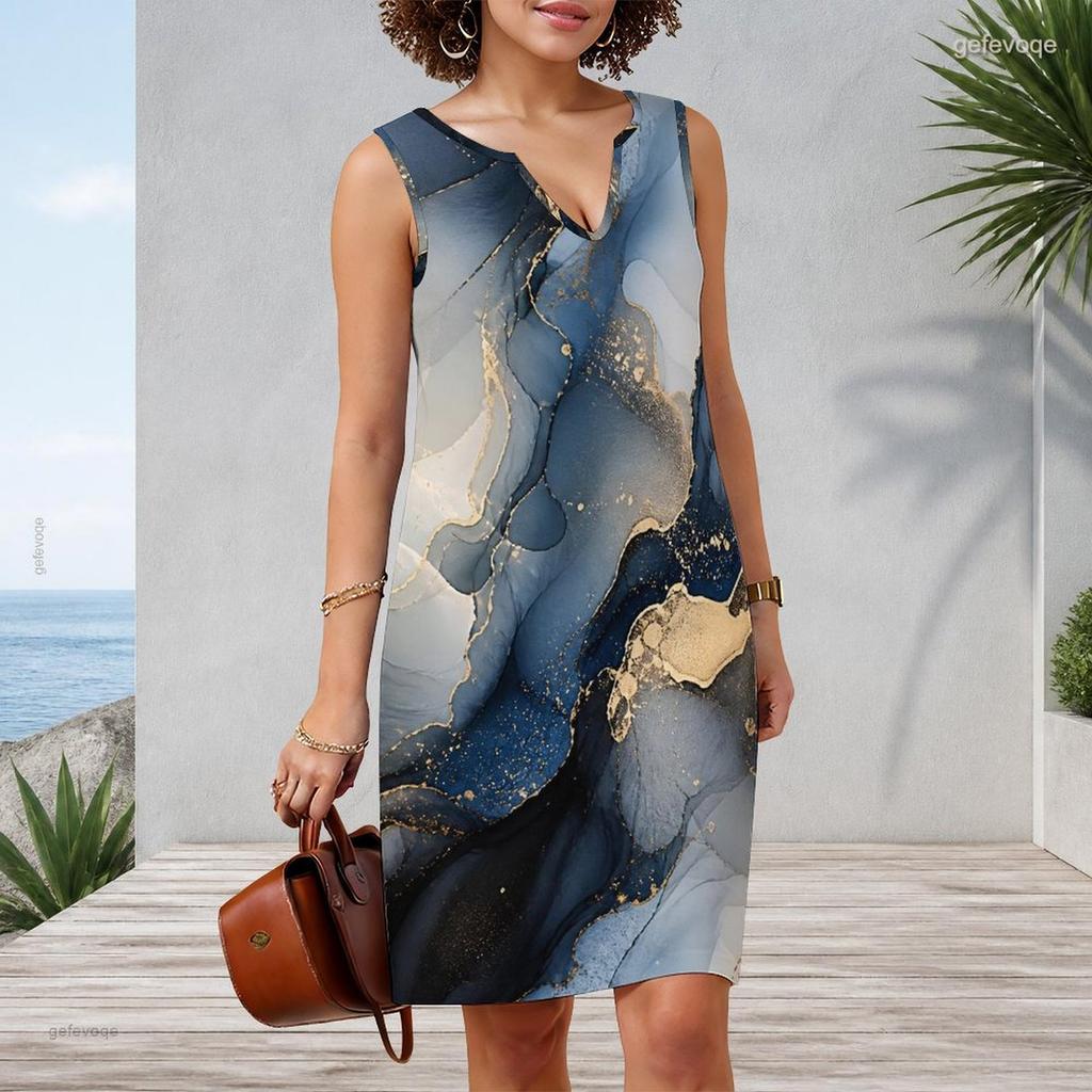 Women Plus Size Sleeveless V Neck Tank Dress Teal Blue Gold Marble Print