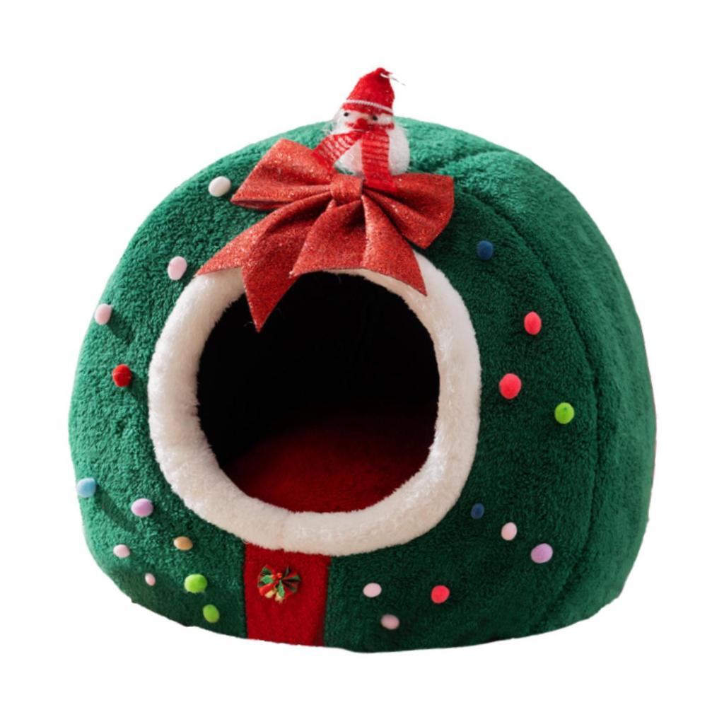 Plush Christmas Cat House Cozy Cave Bed Enclosed Tent for Indoor Cats Pet Gift Bedding for Winter Holidays