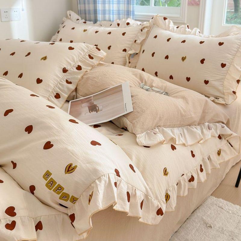Ultra-Soft Double Layer Gauze Princess Style Bed Set: 4-Piece Lace Set with Bed Sheet, Duvet Cover, and Fitted Sheet