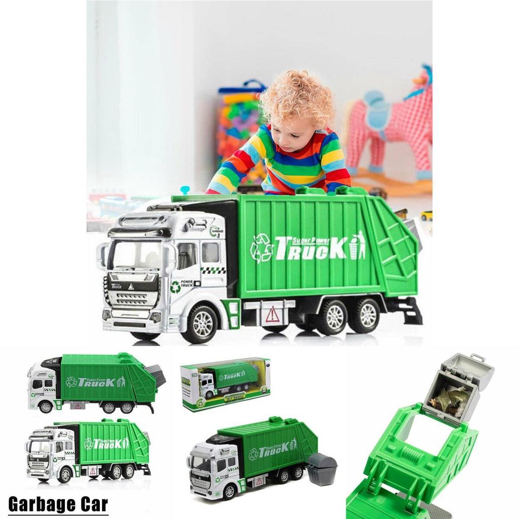Colorful Diecast Garbage Truck Toy With Trash Bin For Kids Boys Xmas Gift