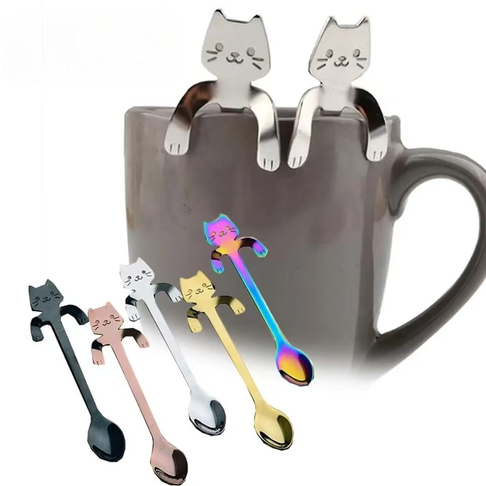 Cat Shape Teaspoon Stainless Steel Coffee Spoon Lovely Cute Dessert Snack Scoop I Cream Mini Spoons Tableware Kitchen Tools