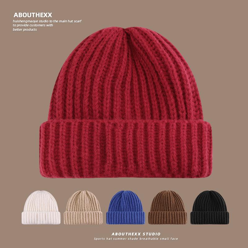 Large size Face slim Hat for Women Autumn and Winter Solid Color Thick Knitted Hat  Cold Proof and Versatile Ear Protecting Wool Hat for Men