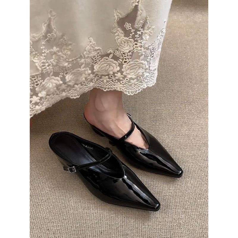 

Версия из овчины~ Точечные толстые каблуки с острым носком, тапочки-шлепанцы с ремешком через подъем, увеличивающие рост изнутри, лето 2025, новинка, литературные 35