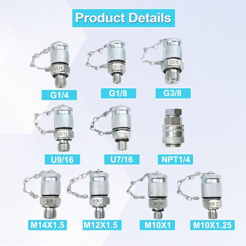 10 Pcs NPT 1/4 Test Connector Hydraulic Pressure Gauge Fittings G3/8 G1/8 G1/4 M10x1 M10x1.25 M14x1.5, UNF 7/16-20, UNF 9/16-18