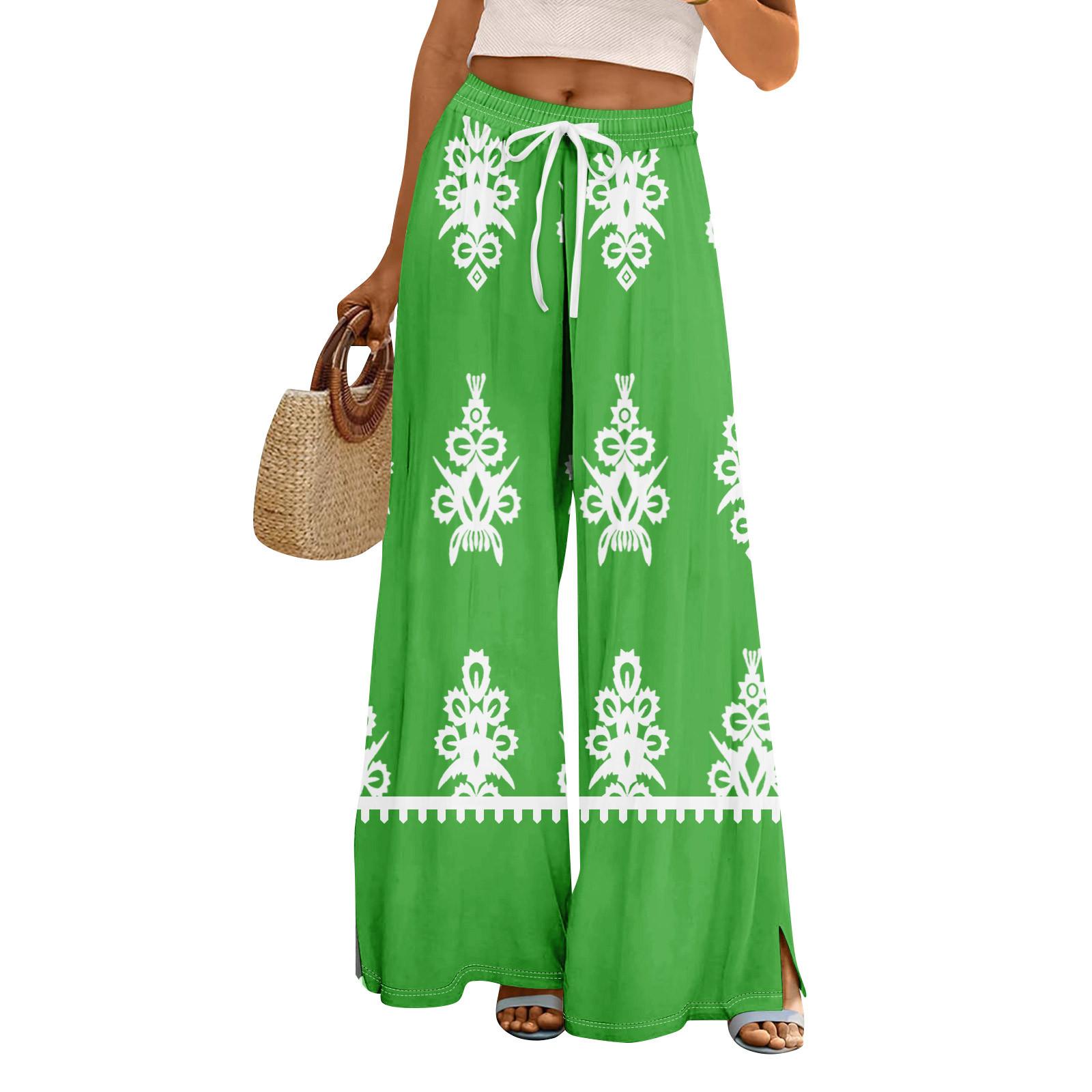 

Женские летние брюки-палаццо в стиле бохо с высокой талией, широкие повседневные брюки с цветочным принтом и карманами L зелёный