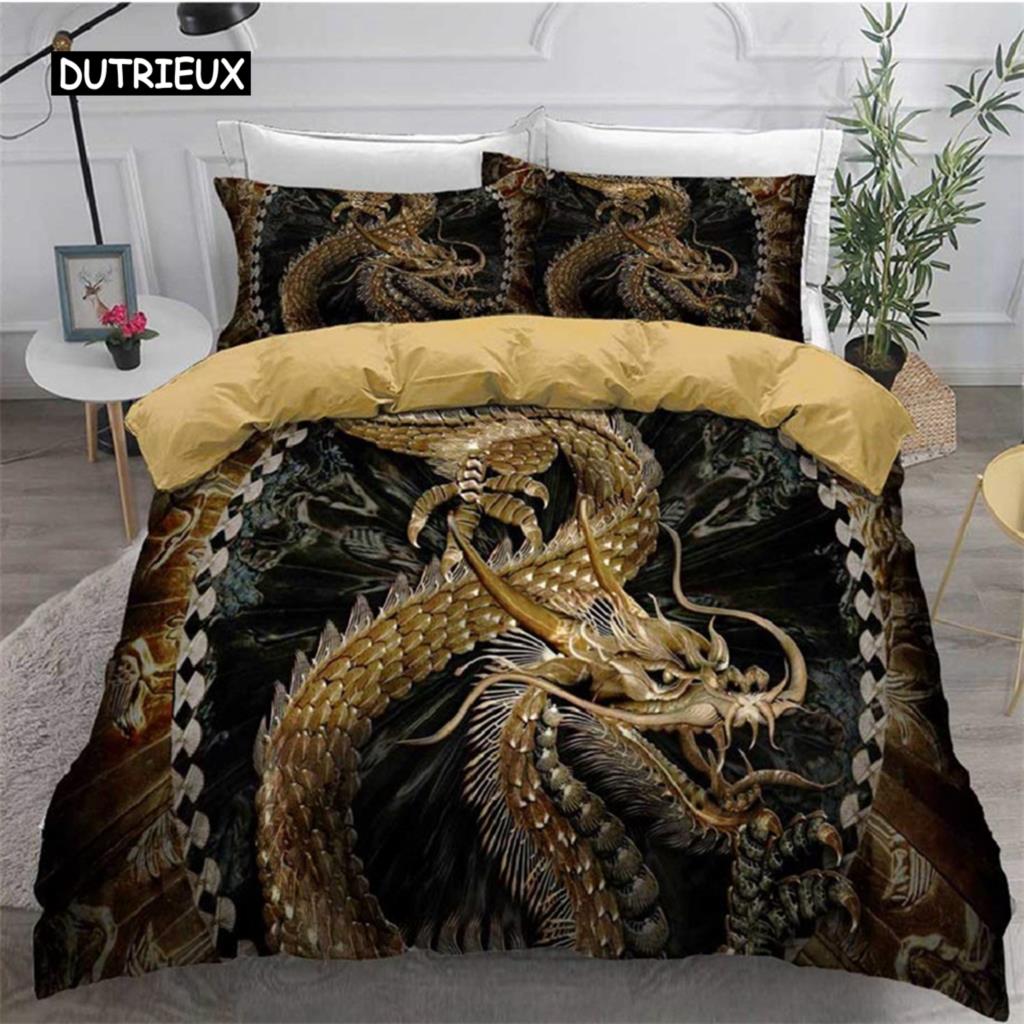 Red Flame Dragon Duvet Cover Set Chinese Dragon Culture Fairy Tale Bedding Sets Microfiber For Children Women Men Bedroom Decor