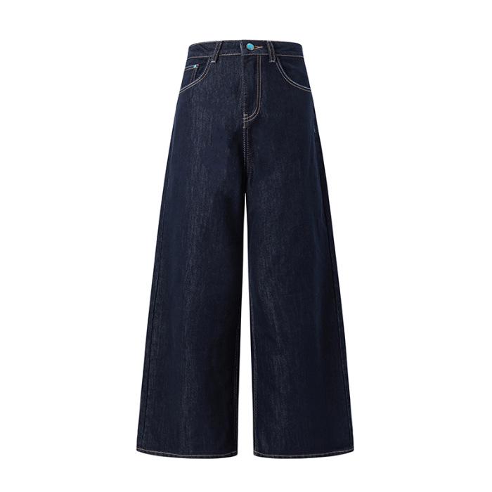 

2025 Raw Stone Button Teal Pocket Split Loose Anti-fade Wide-Leg Retro Denim Extra Small